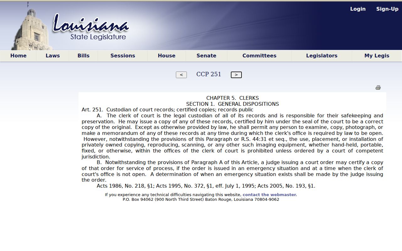 Jackson Parish court record access law under Code of Civil Procedure Article 251
