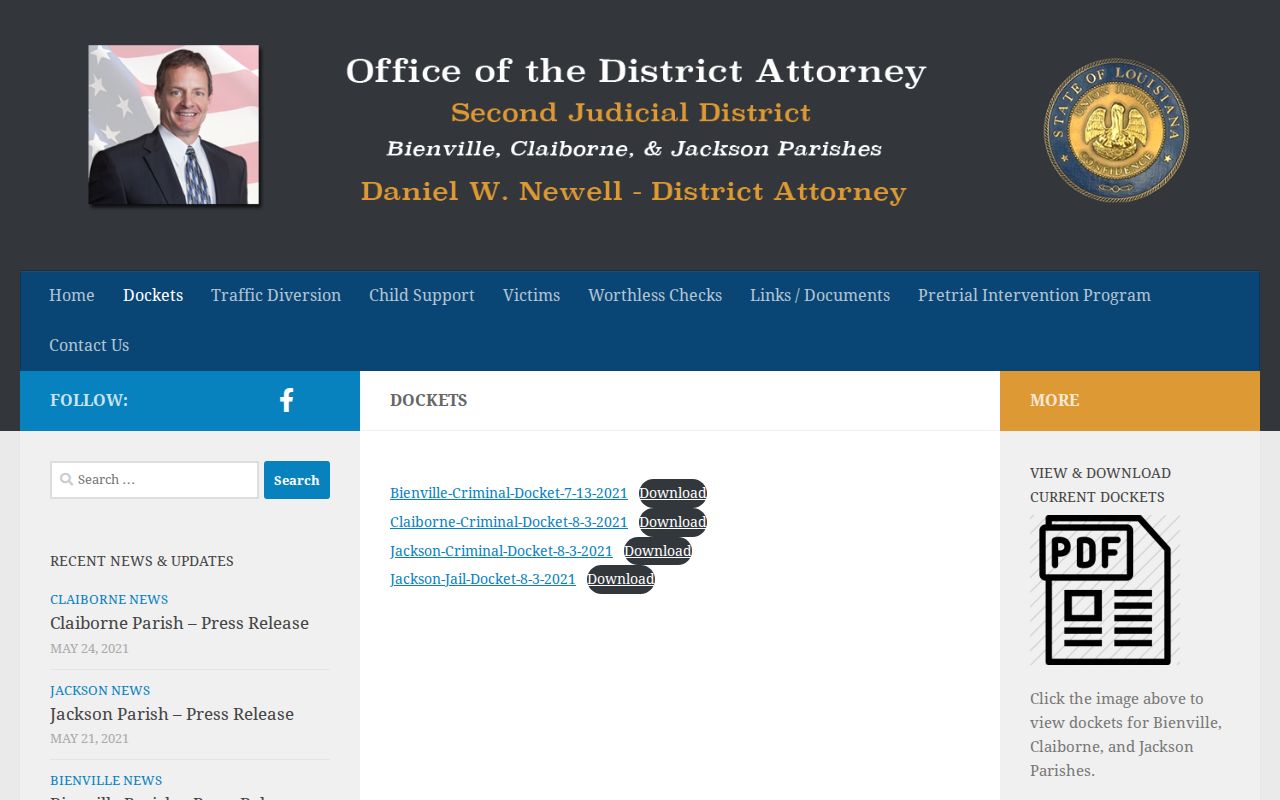 Jackson Parish criminal docket District Attorney docket download source