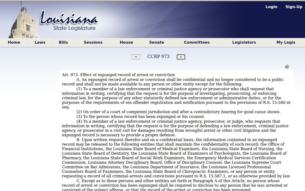 Jackson Parish criminal docket expunged record confidentiality statute source